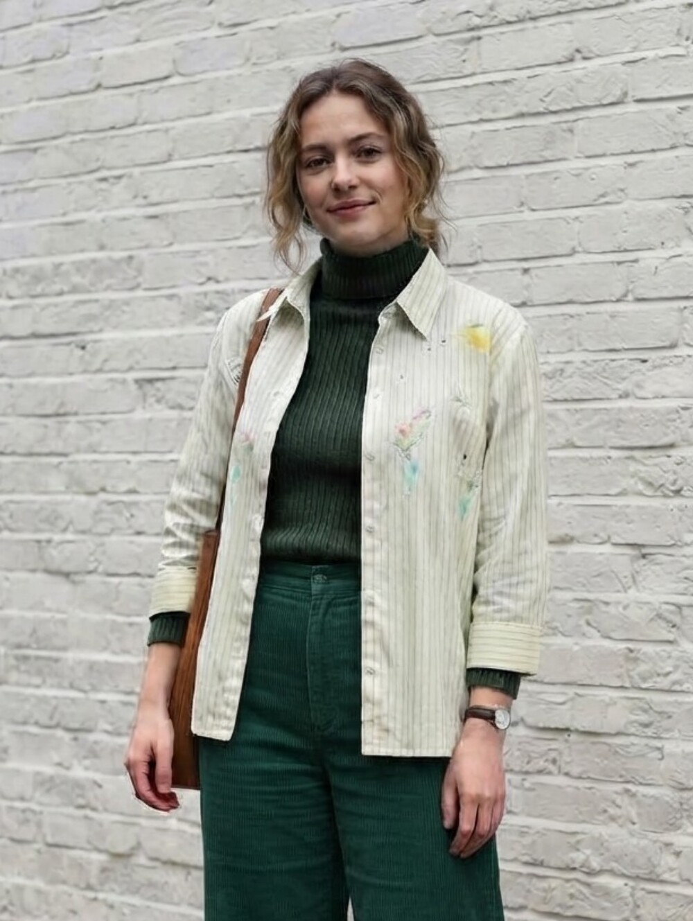 Vintage Tabi Green Stripe Whimsical Floral Embroidered Button-Down Shirt Size L